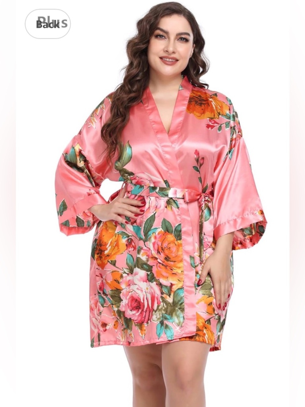 Satin Floral Short Robe - Pink